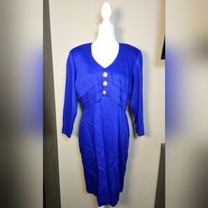 Rare Vintage Blue Dress Formal Dress Padded Shoulders Gold Buttons Medium-Large